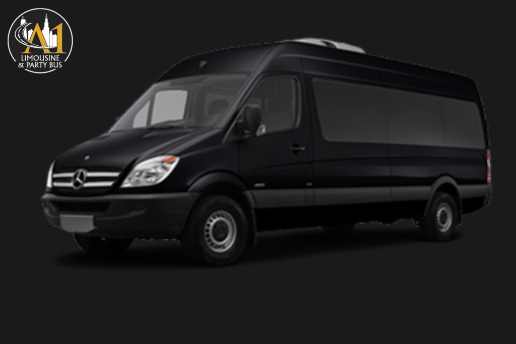 Luxurious Sprinter van interior with black leather seats and carbon fiber trim, seating up to 14 passengers, ideal for airport transfers, corporate events, sightseeing tours, and site inspections.