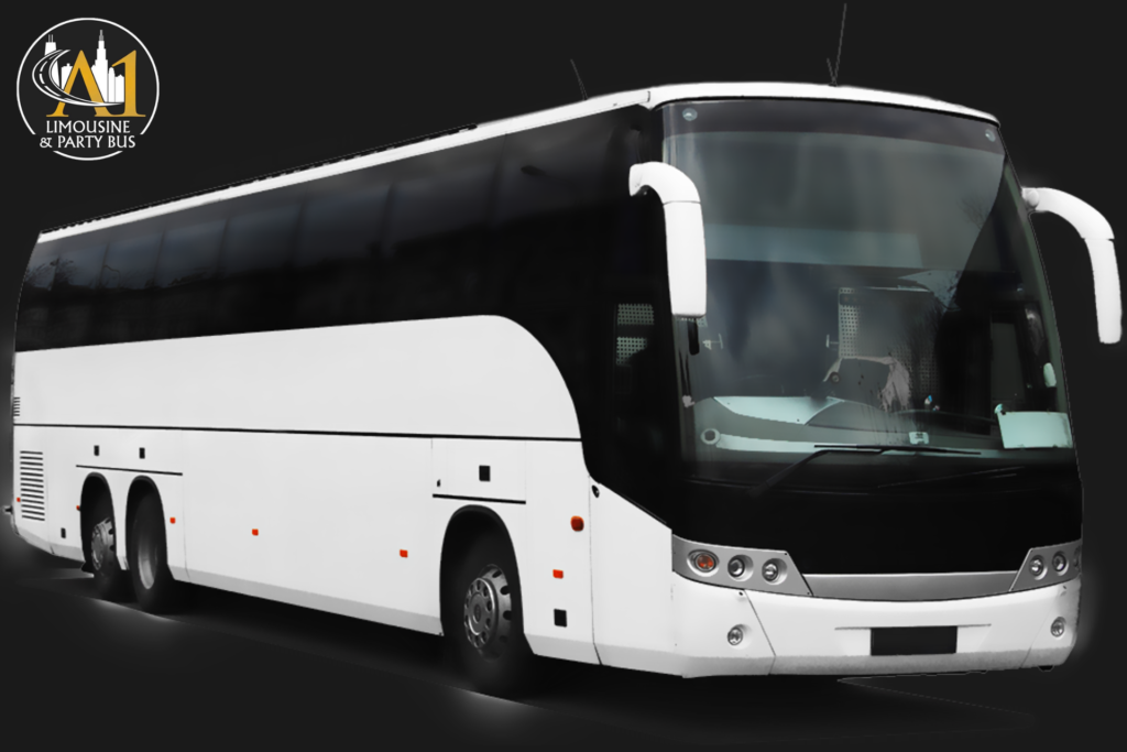 Spacious 47-56 passenger coach bus with comfortable seating, overhead storage, and large luggage bays, ideal for transporting large groups such as students, corporate travelers, or wedding guests.